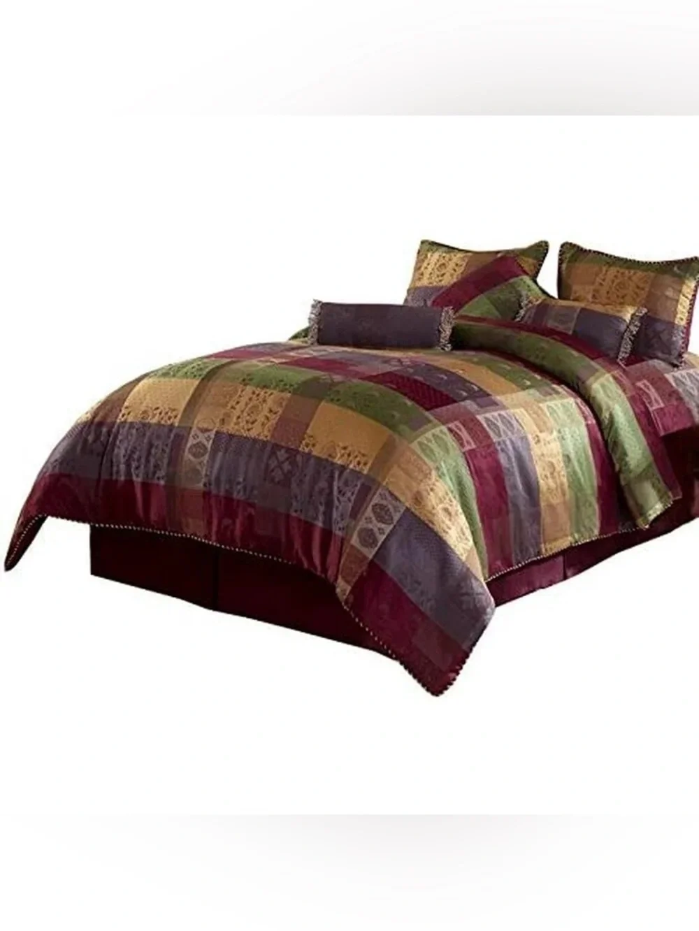 Luxury Patchwork King 3 piece Comforter Set - Plum, Olive, Gold, Gray